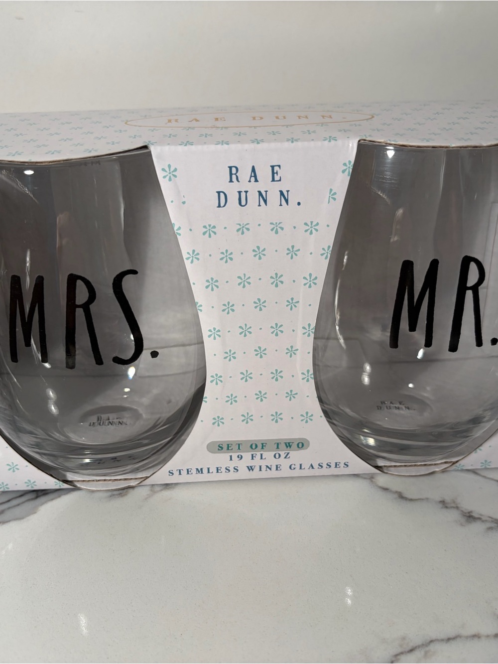 New Clear Stemless Wine Glasses with Black Lettering - MR. and Mrs.RAE DUNN